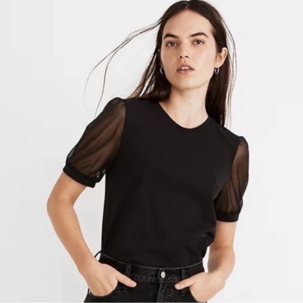 Madewell Black Short Sleeve Tee with Sheer Sleeves